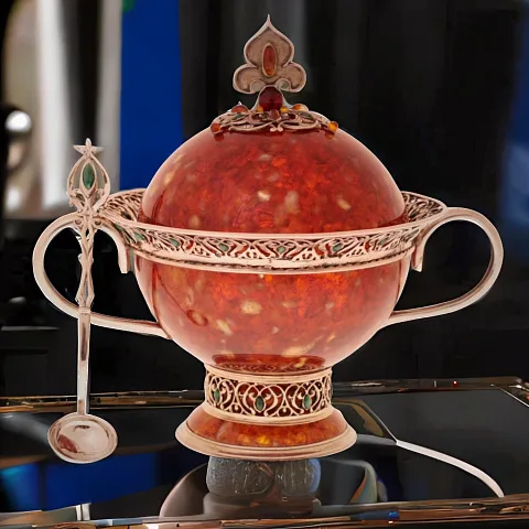 Сахарница декоративная из янтаря с ложечкой